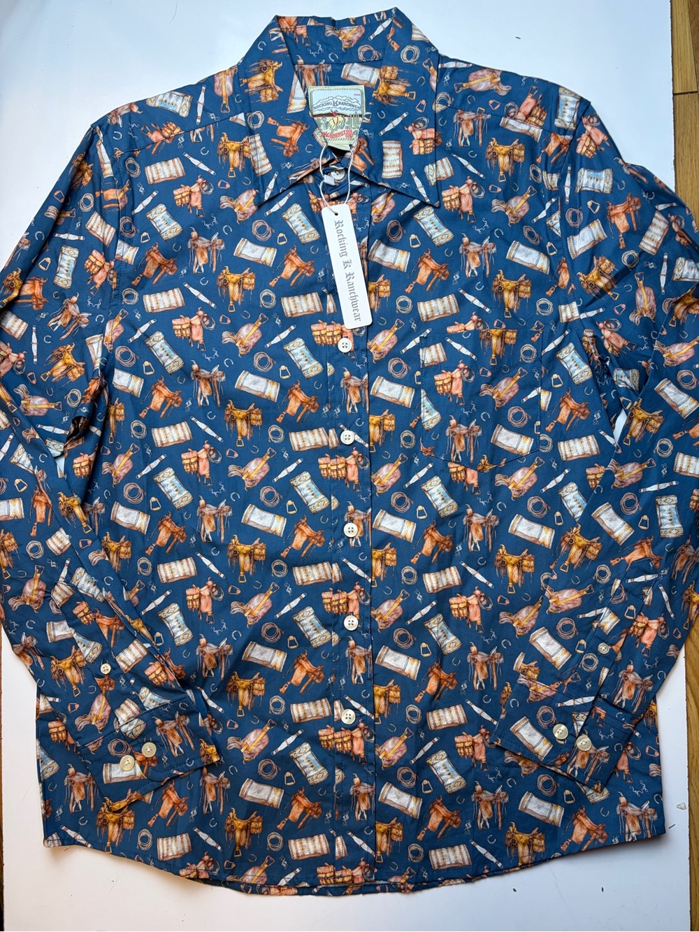 Kennington Rocking K Ranchwear Men M Blue Western Saddle Print Button Up Shirt